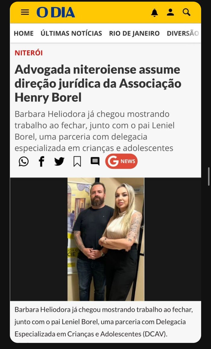 Matéria do jornal O Dia sobre a Dra. Bárbara Heliodora e a Associação Henry Borel